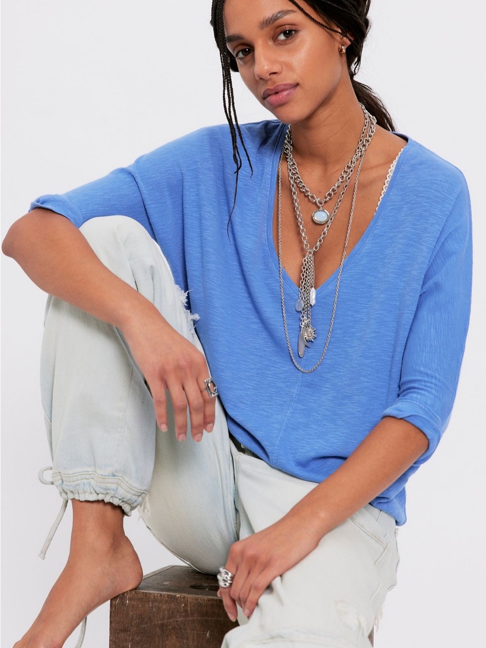 We The Free Relaxed V-Neck Tunic in Cornflower Blue